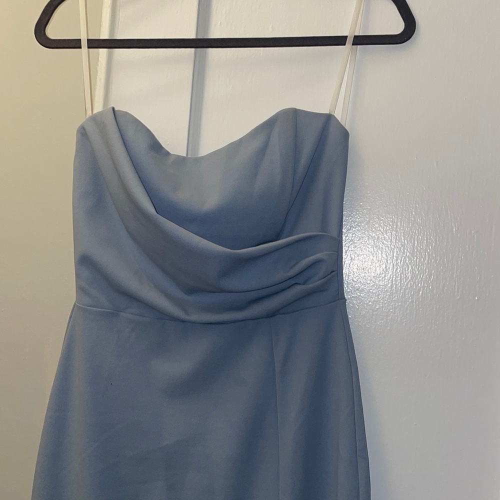 Midi baby blue dress strapless with slit at the thigh